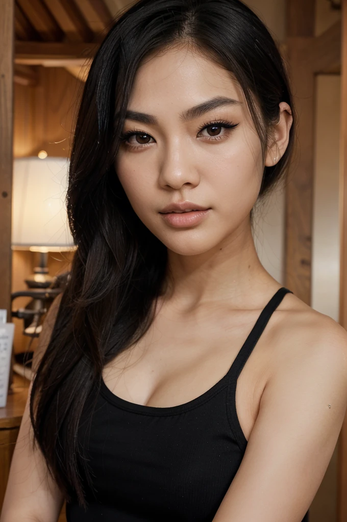She has an oval face with high cheekbones, a defined jawline is Asian, japanese. His eyes are large and almond, black in color, with long eyelashes and thick, arched eyebrows. His nose is small and straight, and she has full, wide lips. Your hair is short, smooth and black. She has an oval face with high cheekbones, a defined jawline is Asian, japanese. She has a slim waist with big . His eyes are large and almond, black in color, with long eyelashes and thick, arched eyebrows. His nose is small and straight, and she has full, wide lips. Foto inshot de whole body, foto de whole body, whole body, full body inshot photo, Selfie, inshot Selfie.