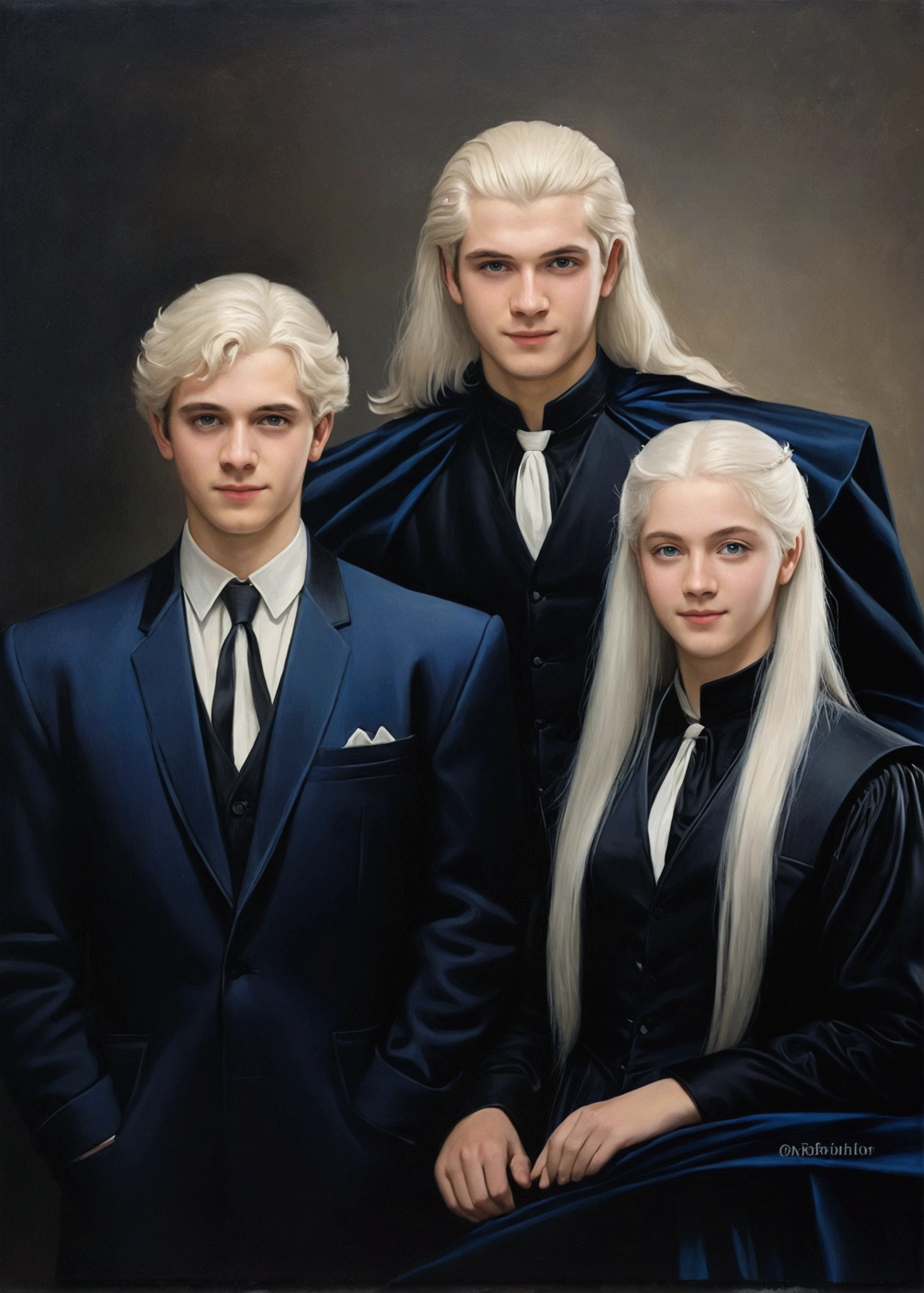 art by Philippe de Champaigne. smart, portrait of 3 brothers. Older brother with platinum blonde hair, ojos color azul y White skin. Second middle brother, white hair, blue eyes, sly smile, White skin. Third younger sister, young woman, DARK hair, blue eyes, White dress.