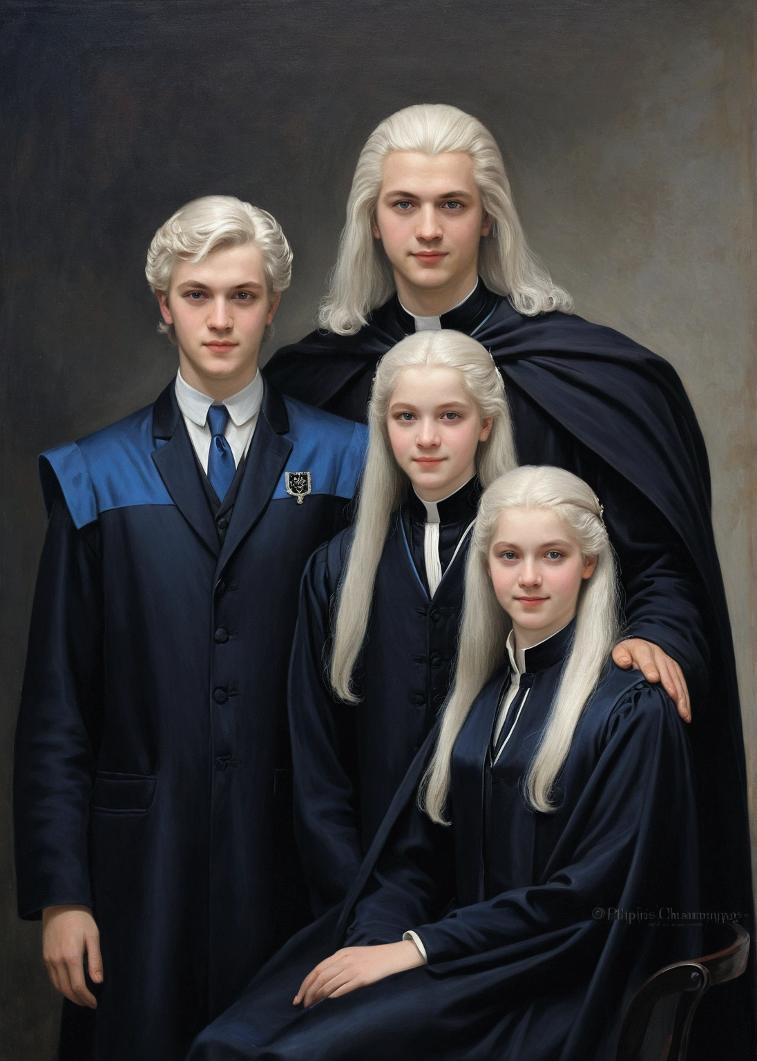 art by Philippe de Champaigne. smart, portrait of 3 brothers. Older brother with platinum blonde hair, ojos color azul y White skin. Second middle brother, white hair, blue eyes, sly smile, White skin. Third younger sister, young woman, DARK hair, blue eyes, White dress.