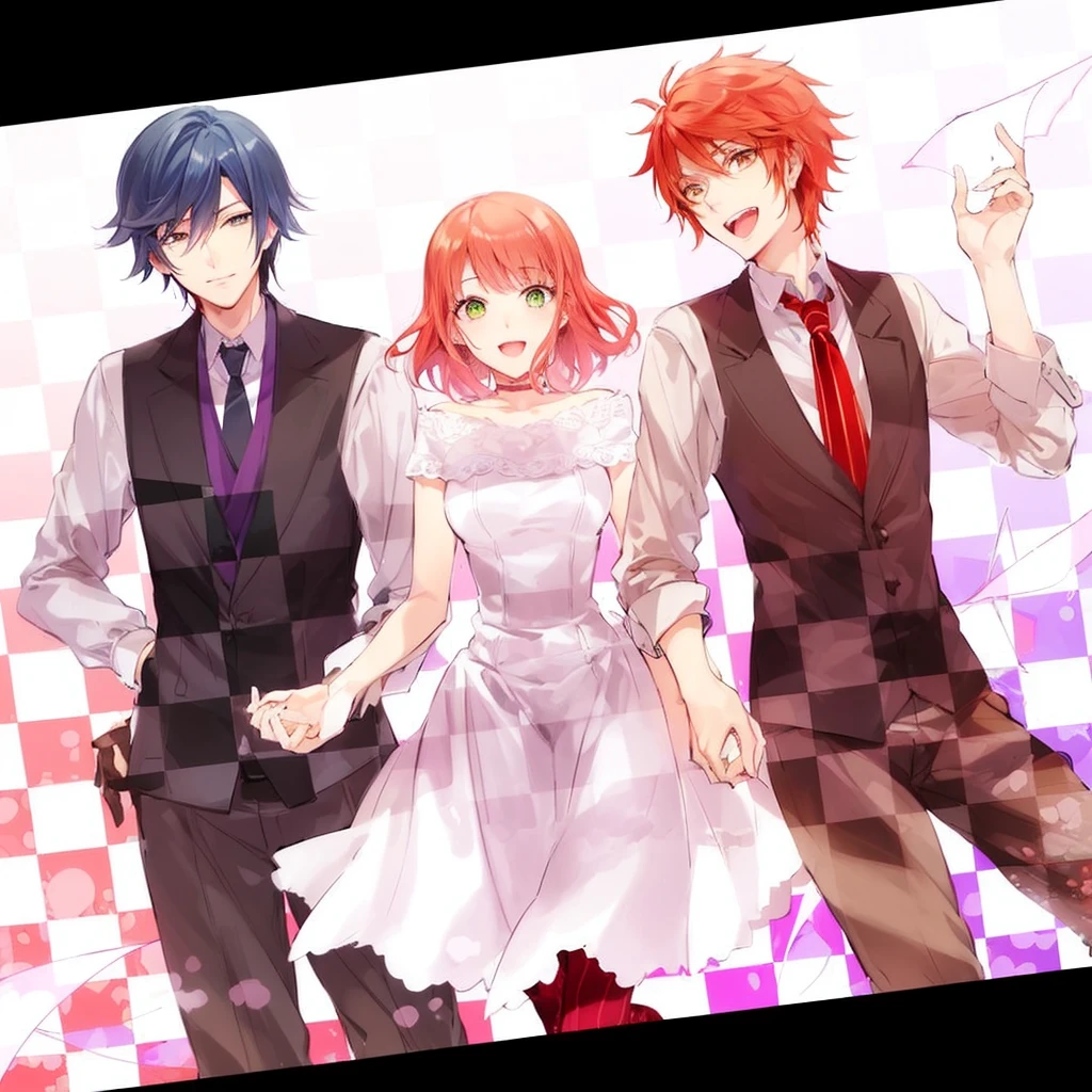 make the characters from the anime uta no prince sama, otoya itokki and tokiya ichinose, where in the middle there is a girl with long brown hair who is 1.60, where otoya is smiling and is 1.78 and tokiya is smiling slightly and is 1.80, la chica que es dw cabello largo y castaño tiene ojos verdes, otoya ojos rojos y tokiya ojos azul