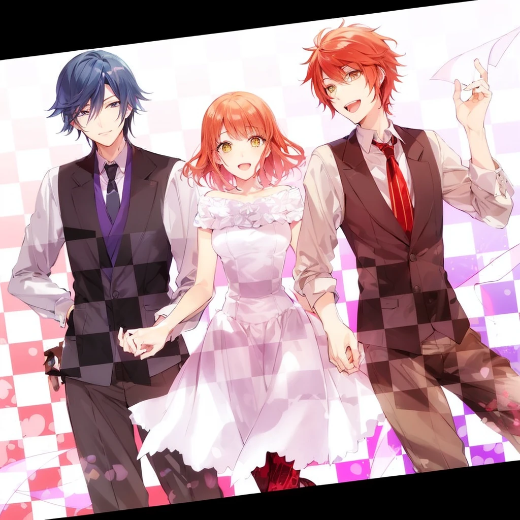 make the characters from the anime uta no prince sama, otoya itokki and tokiya ichinose, where in the middle there is a girl with long brown hair who is 1.60, where otoya is smiling and is 1.78 and tokiya is smiling slightly and is 1.80, la chica que es dw cabello largo y castaño tiene ojos verdes, otoya ojos rojos y tokiya ojos azul