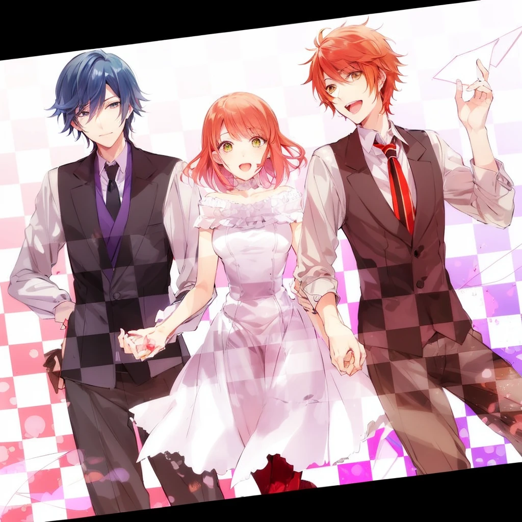 make the characters from the anime uta no prince sama, otoya itokki and tokiya ichinose, where in the middle there is a girl with long brown hair who is 1.60, where otoya is smiling and is 1.78 and tokiya is smiling slightly and is 1.80, la chica que es dw cabello largo y castaño tiene ojos verdes, otoya ojos rojos y tokiya ojos azul