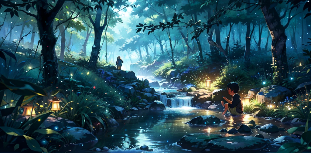 A stream running through the forest, playing with water in the forest,There are starlight fireflies,Character dots