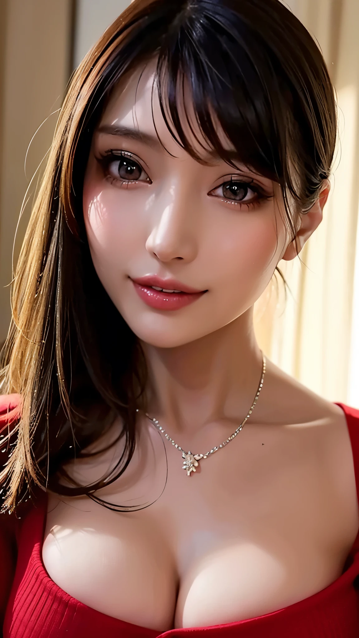 (Highest quality、On the table、8k、Best image quality、Award-winning works)、(Young girl, :1.3)、(The perfect V-neck long red sweater:1.2)、(Red eyeshadow:1.2)、Perfect Makeup、Long eyelashes、Ultra HD Shining Eyes、Ultra HD Hair、Ultra-high resolution glossy lips、Ultra High Resolution Perfect Teeth、Ultra HD cute face、Brown Hair、(Very short straight hair:1.1)、Look at me and smile、[clavicle]、Accurate anatomy、Luxury Love Hotel、(The most atmospheric warm light:1.2)、Blurred Background、Has bangs、Ultra-high-definition, shiny, moisturized face、Ultra-high resolution glowing skin、The most delicate face、Super high resolution detailed faces、ultra high resolution hair、Ultra high resolution glowing eyes、Beautiful face with detailed expression、Ultra high resolution glossy red lips、Big Breasts、Split、Fashion Necklace、White camisole