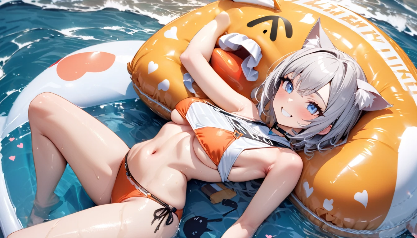 Ride an inflatable killer whale float、1girl、(((best quality)), ((masterpiece)), (details), masterpiece, best quality, high quality, ulutra detailed, perfect face, ((1girl, Blue eyes, cat ears: 1.3 silver bob hair: 2.5,))、Shiny Hair、Glowing Skin、smile、Lustful look、I can see your toned stomach、Sideboob、Underboob、iding on the inflatable killer whale float.Ocean、Ocean上、Ocean水浴、Orange Bikini、smile、Heart effect