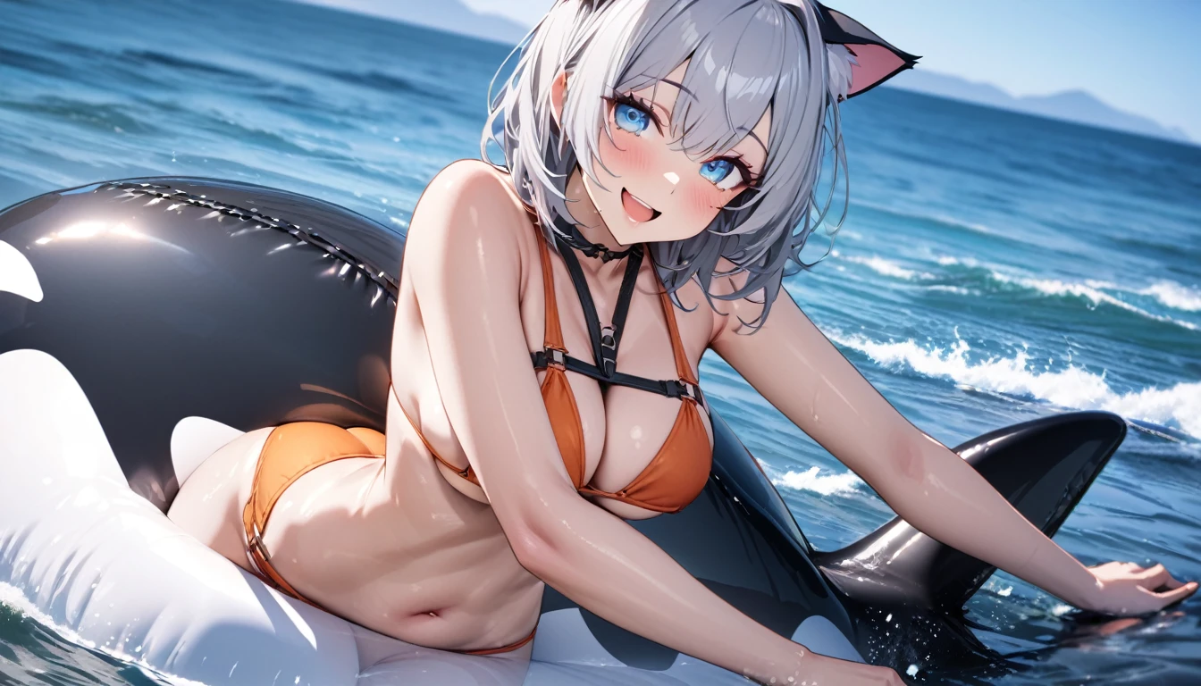 Ride an inflatable killer whale float、1girl、(((best quality)), ((masterpiece)), (details), masterpiece, best quality, high quality, ulutra detailed, perfect face, ((1girl, Blue eyes, cat ears: 1.3 silver bob hair: 2.5,))、Shiny Hair、Glowing Skin、smile、Lustful look、I can see your toned stomach、Sideboob、Underboob、iding on the inflatable killer whale float.Ocean、Ocean上、Ocean水浴、Orange Bikini、smile、Heart effect