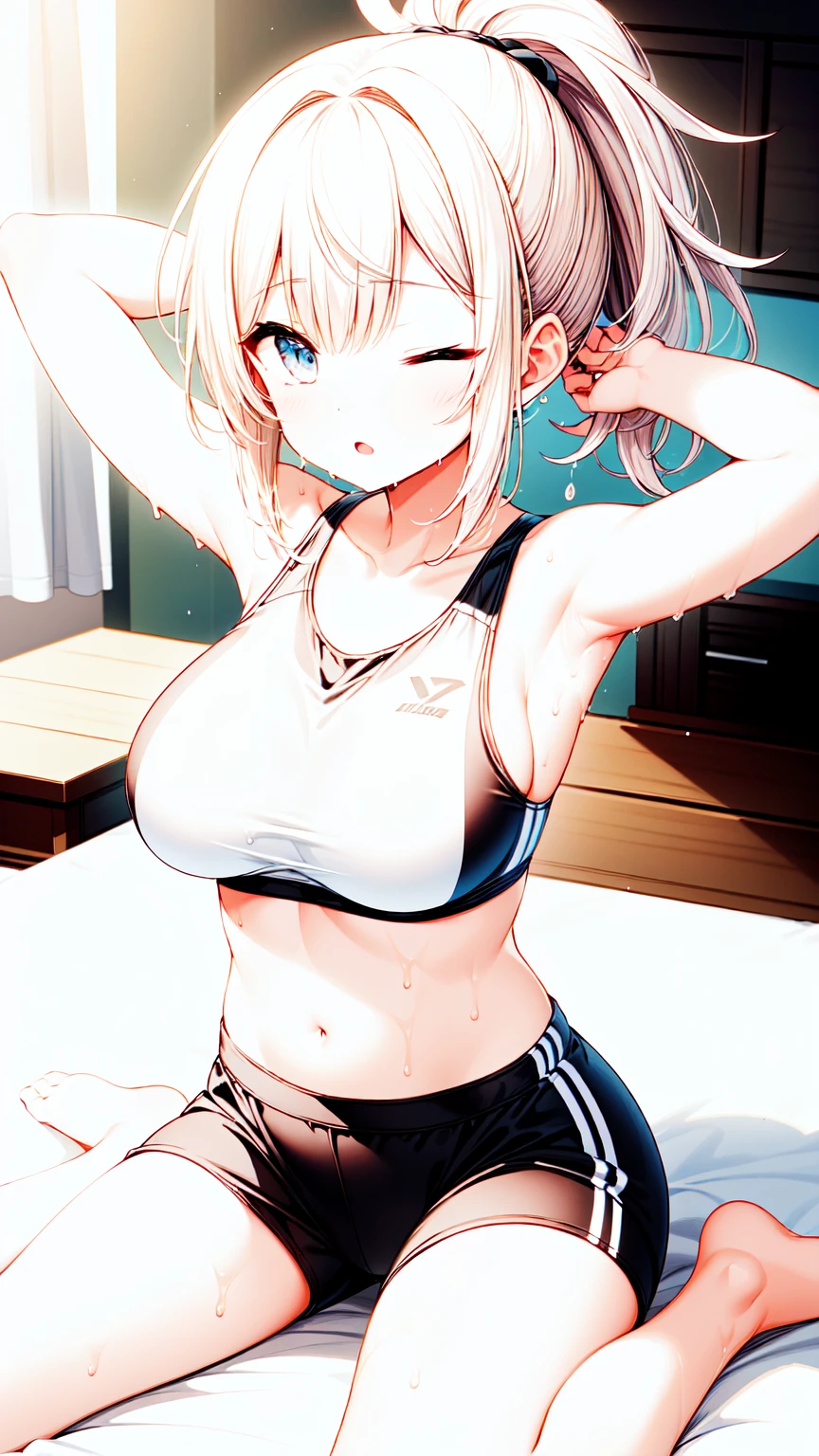 beautiful, masterpiece, best quality, extremely detailed face, perfect lighting, masterpiece, best quality, 1girl, blush, blue eyes, white hair, long hair, ponytail, buruma, sports bra, sideboob, sportswears, navel, wet, sweat, ;o, one eyes closed, large breasts, arm behind head, sitting, wariza, on bed, looking at viewer