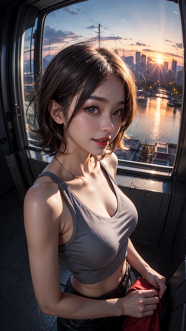 xxmixgirl,One Girl, Fisheye Lens, Selfie, Wind, Messy Hair, sunset, Cityscape, (Aesthetics and atmosphere:1.2), Gray Hair,smile, Film Girl, Short top shirt, Open your chest wide, 