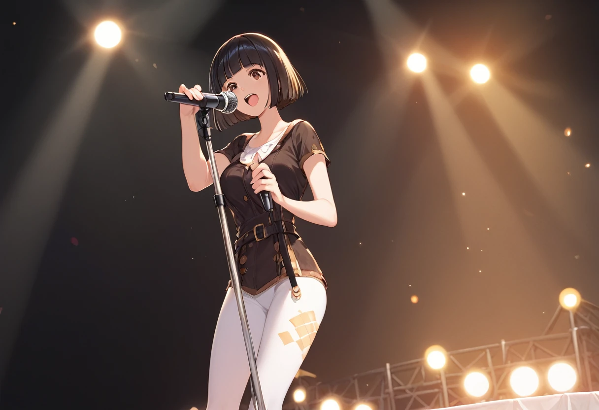 score_9,score_8_up,score_7_up,masterpiece,best quality, source anime, official art, super detailed, extreme detailed, rating_safe,
1girl, singing, holding microphone with mic stand,
BREAK girl, 22yo, short hair, bob cut, (blunt bangs), black hair, (tareme, detailed cute brown eyes), curled eyelashes, (large breasts:0.9),
shiny hair, beautiful detailed eyes, beautiful face,
white full body tights, lined tights, moustache,
serious, wide open mouth,
on stage, Rock Concert, Stage Lighting, audience,
