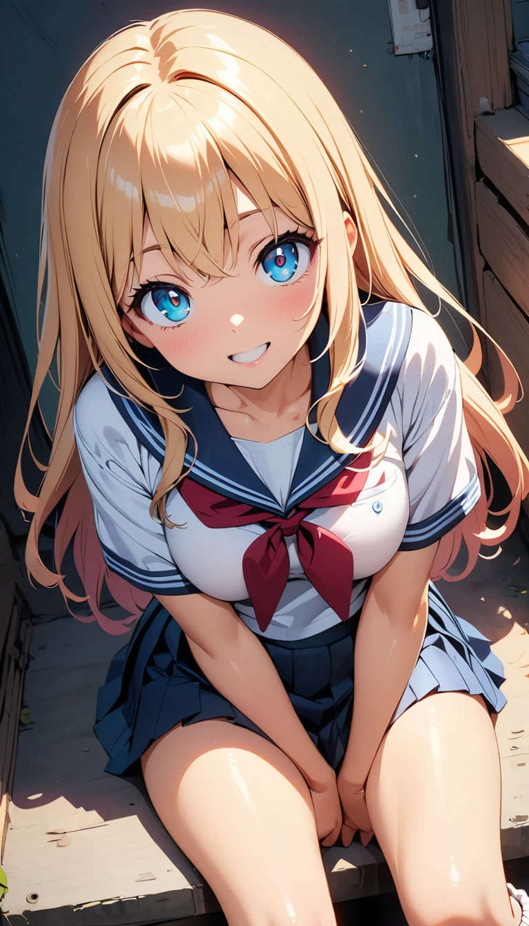 (highest quality:1.2, Very detailed, up to date, Vibrant, Ultra-high resolution, High Contrast, masterpiece:1.2, highest quality, Best aesthetics), (beautiful detailed Small face), (Highly detailed skin:1.2), 1 lady,  Micro thong:, (under boob),  (Crop Top shirt, sleeveless),  Sailor  uniform only for the upper body, (thin thighs:, Red Ribbon Tie, kneeing with hands back:, Ray tracing, half opened mouth,  smile, Detailed beautiful delicate face, High detailed skin, best ratio four finger and one thumb, large breasts, beautiful detailed Green eyes, on a bed ,beautiful detailed blonde hair