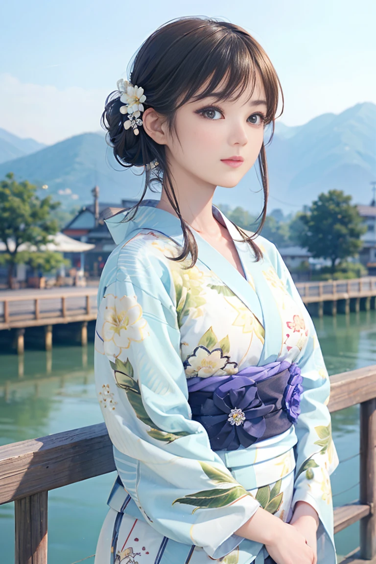 (Highest quality、 8k 、masterpiece、High resolution)、(whole body)、Vibrant colors、Brown-black bob、Traditional round topknot、Ample breasts、(Highly detailed face and eyes、Beautiful Face、Beautiful Eyes、Beautiful nose、Pretty lips)、 (Beautiful woman standing on a riverside observation deck)、A friendly gaze、Oh!！Facial expression that、(Vivid floral patterned kimono)、Official Art、  The background is a wide river、Nearby bridge、Riverside streetscape、Mountains in the distance、Detailed CG、