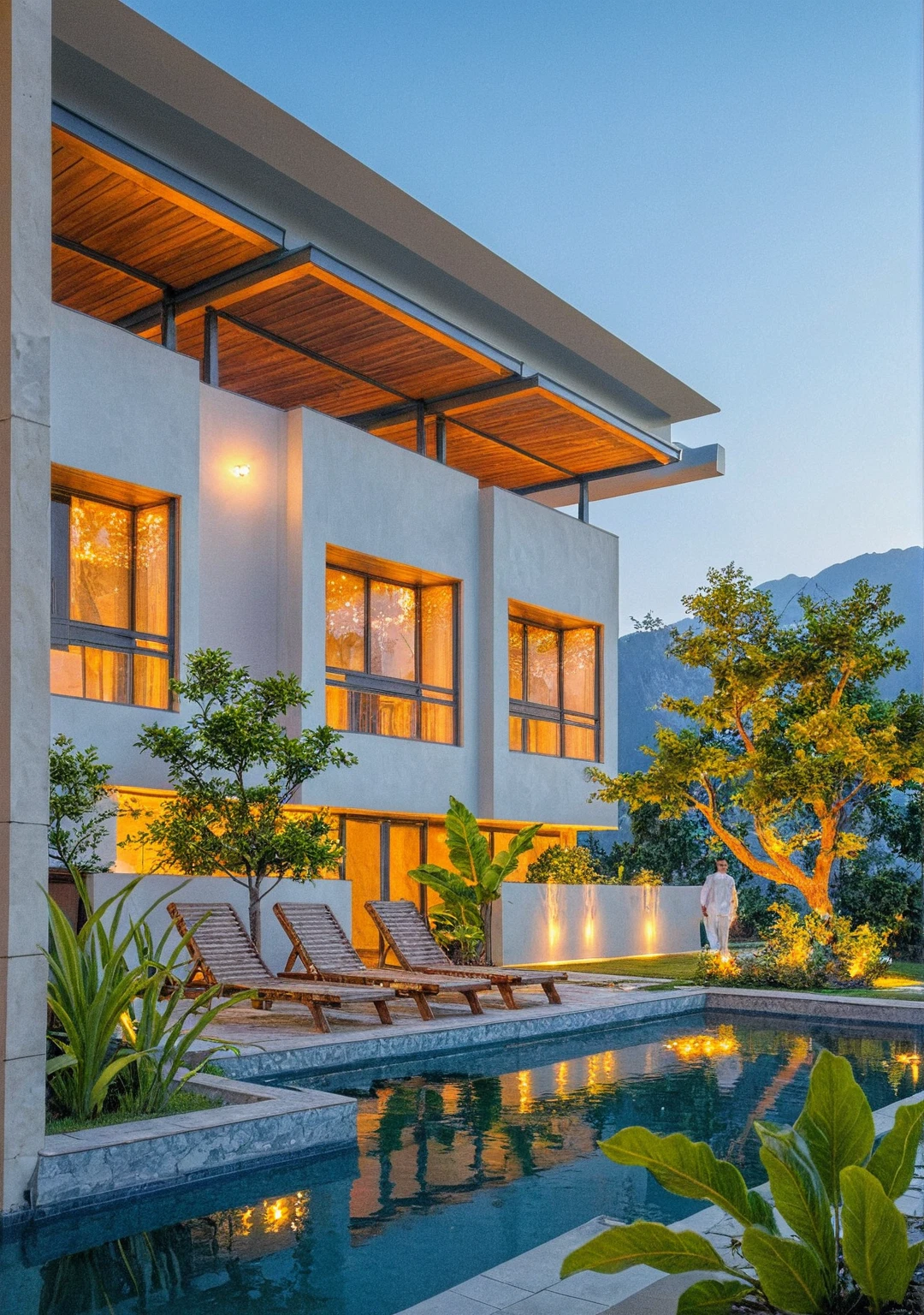 head of'artwork, high quality, best quality, Authentique, Great detail, En plein air, villa de plain-piedXL, groupe aiai, style de maison moderne dans la rue ,stairs, white wall ,road,pavement, grass, trees, sky, nuvens, poolside (day light:1.1)