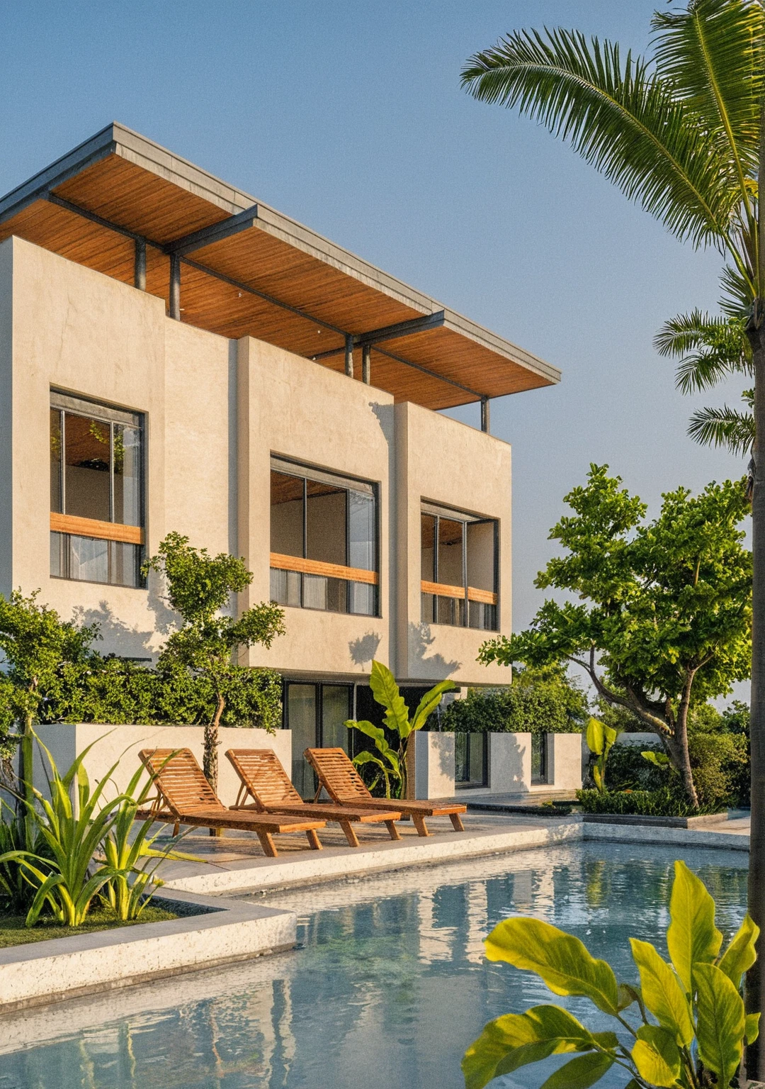 head of'artwork, high quality, best quality, Authentique, Great detail, En plein air, villa de plain-piedXL, groupe aiai, style de maison moderne dans la rue ,stairs, white wall ,road,pavement, grass, trees, sky, nuvens, poolside (day light:1.1)