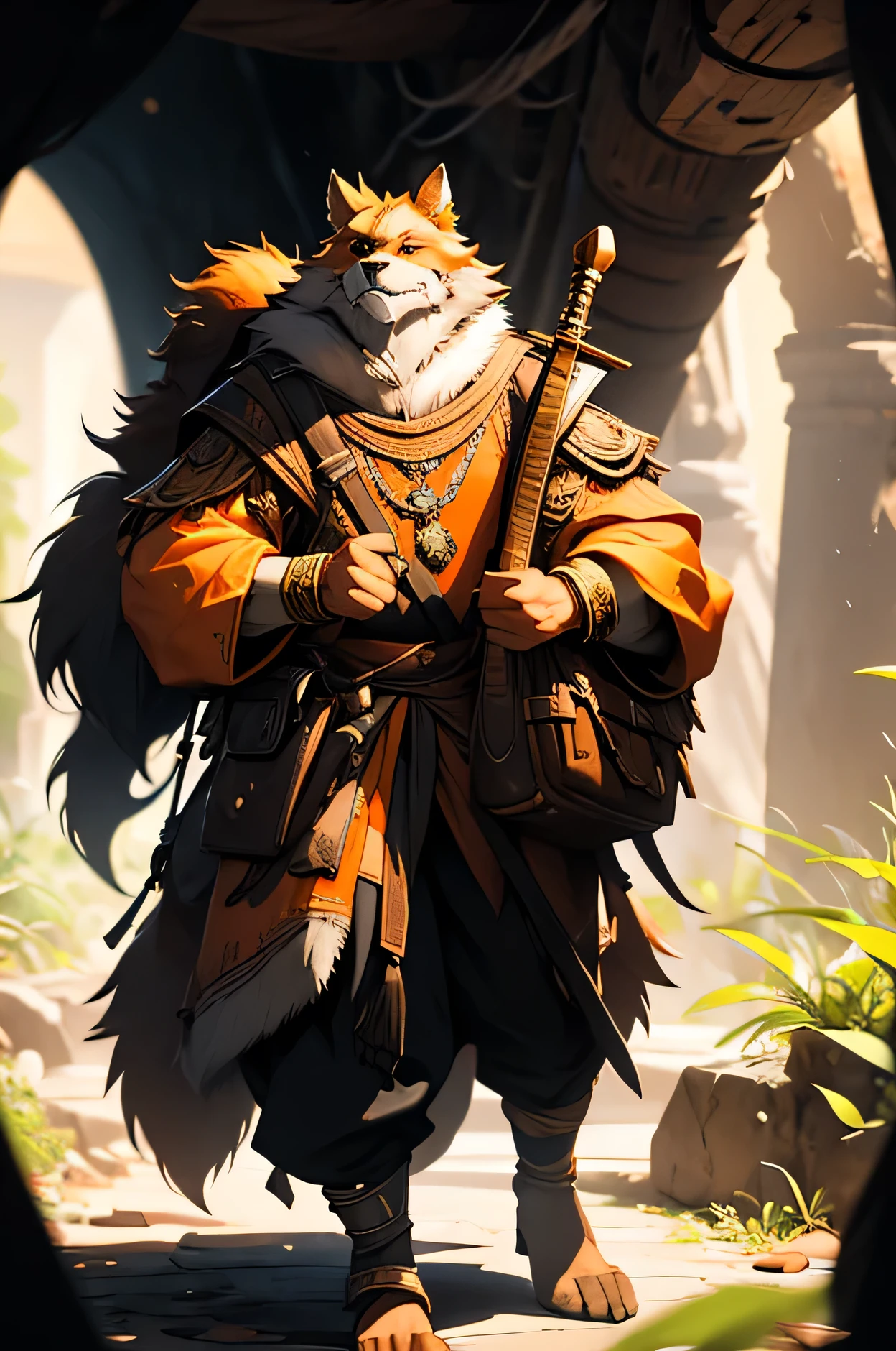 furry golden fur humanoid dog person with orange golden fur. dress with black ornamental fabric mando , holding a lute, with a backpack on his back and a bag carrying parchments and maps. in a cave. ultra realisitic, 4K , 3D artwork. realisitic .