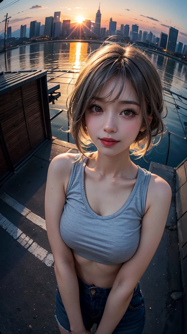 xxmixgirl,One Girl, Fisheye Lens, Selfie, Wind, Messy Hair, sunset, Cityscape, (Aesthetics and atmosphere:1.2), Gray Hair,smile, Film Girl, Short top shirt, Open your chest wide, 