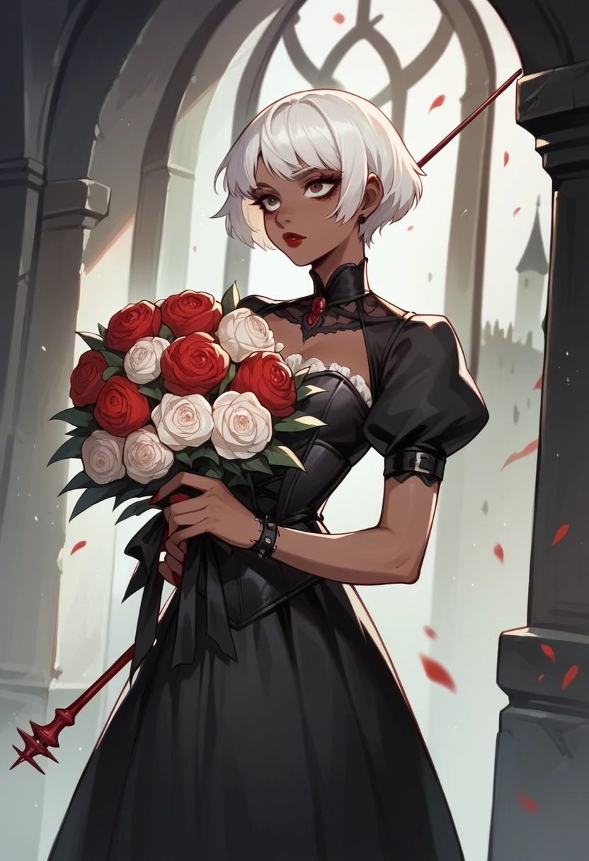 Young woman with dark skin,gothic,short white hair,Eyes red,red lipgloss stick, wearing a black wedding outfit,holding a bouquet of flowers,dark Castle