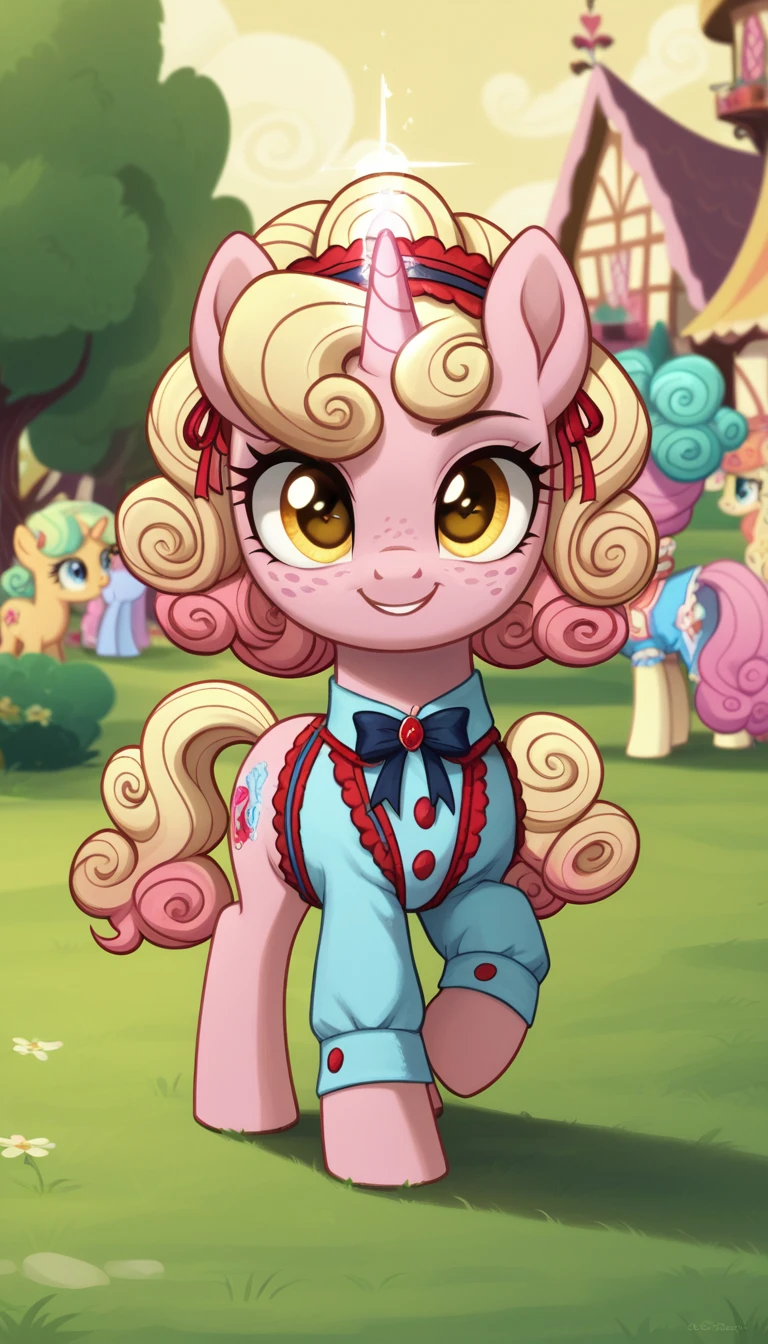 score_9,score_8_up,score_7_up,score_6_up, filly female, unicorn, pastel pink fur, curly blonde hair, pastel blue dye streaks, freckles, Golden eyes, head band, lolita pony, cute Lolita fashion, glowing backlight, fashion show, ponyville scene, glitter, whimsical, enchanted, magical, fantasy art concept, intricate details, smug smile, glowing horn,