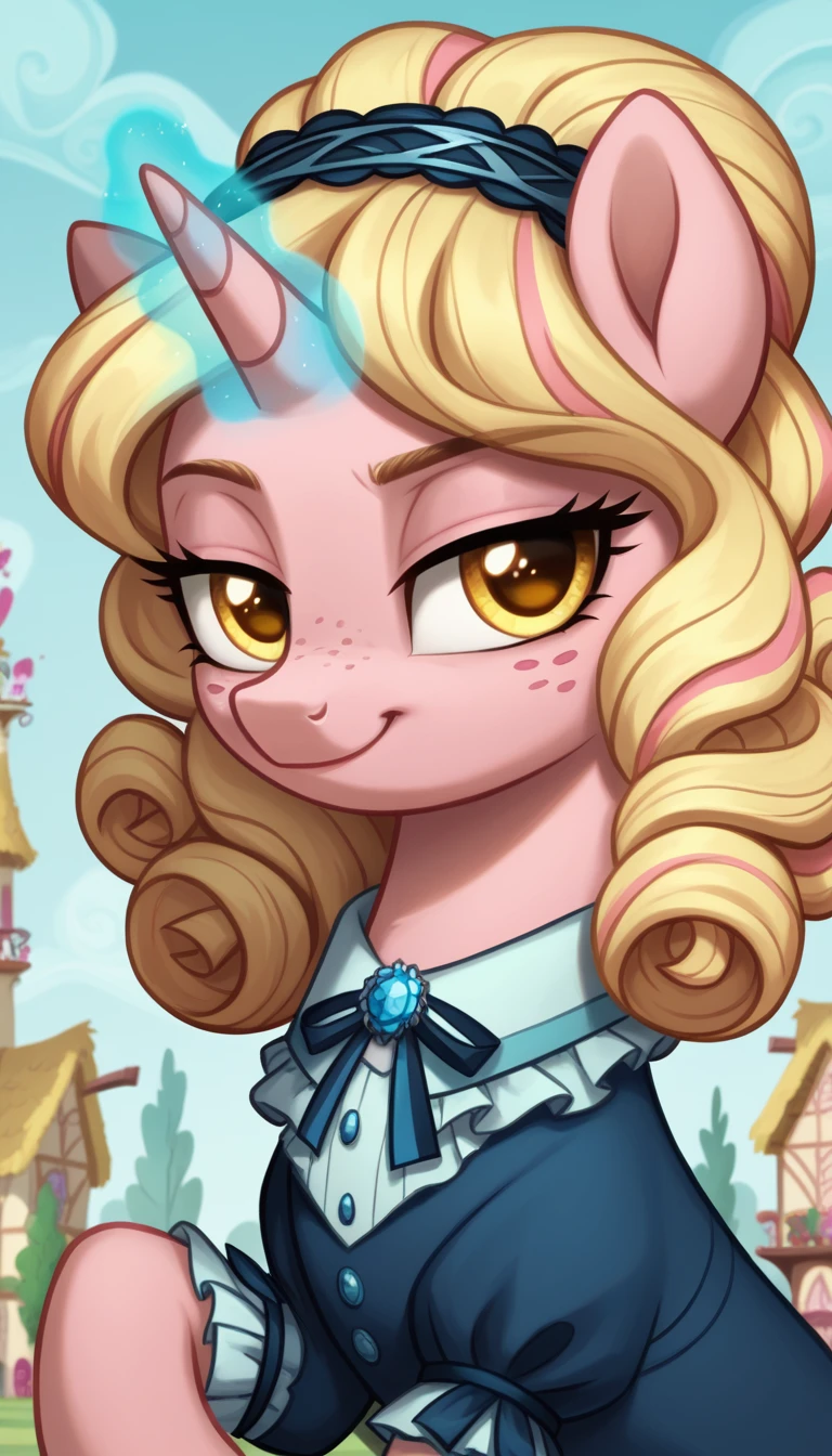 score_9,score_8_up,score_7_up,score_6_up, filly female, unicorn, pastel pink fur, curly blonde hair, pastel blue dye streaks, freckles, Golden eyes, head band, ta pony, cute Loliashion, glowing backlight, fashion show, ponyville scene, glitter, whimsical, enchanted, magical, fantasy art concept, intricate details, smug smile, glowing horn,
