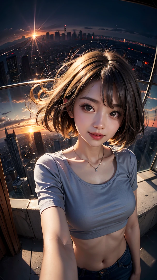 xxmixgirl,One Girl, Fisheye Lens, Selfie, Wind, Messy Hair, sunset, Cityscape, (Aesthetics and atmosphere:1.2), Gray Hair,smile, Film Girl, Short top shirt, Open your chest wide,