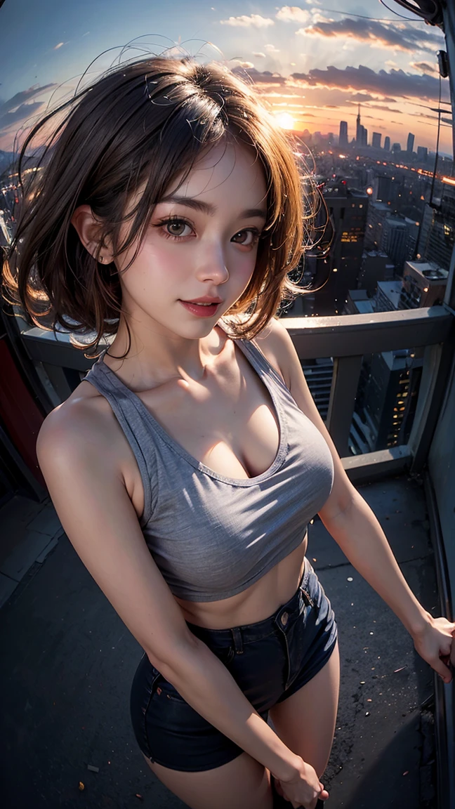 xxmixgirl,One Girl, Fisheye Lens, Selfie, Wind, Messy Hair, sunset, Cityscape, (Aesthetics and atmosphere:1.2), Gray Hair,smile, Film Girl, Short top shirt, Open your chest wide,