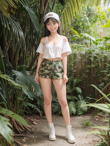 Japanese female, a lot of details, (underweight), 30 years old, detailed black hair, beautiful detailed hair, super fucking beautiful, delicate beautiful face, complex details beautiful and delicate eyes, perfect hands, (flat chest best quality:1.5), perfect and delicate limbs, detailed skin, best quality, ultra-detailed,(cheerful grin:1.5),
(jungle), walking, (green camouflage shorts), (cream drop shoulder tee), (white cap), boots, in the jungle, (full body shot), from front, dappled sunlight
