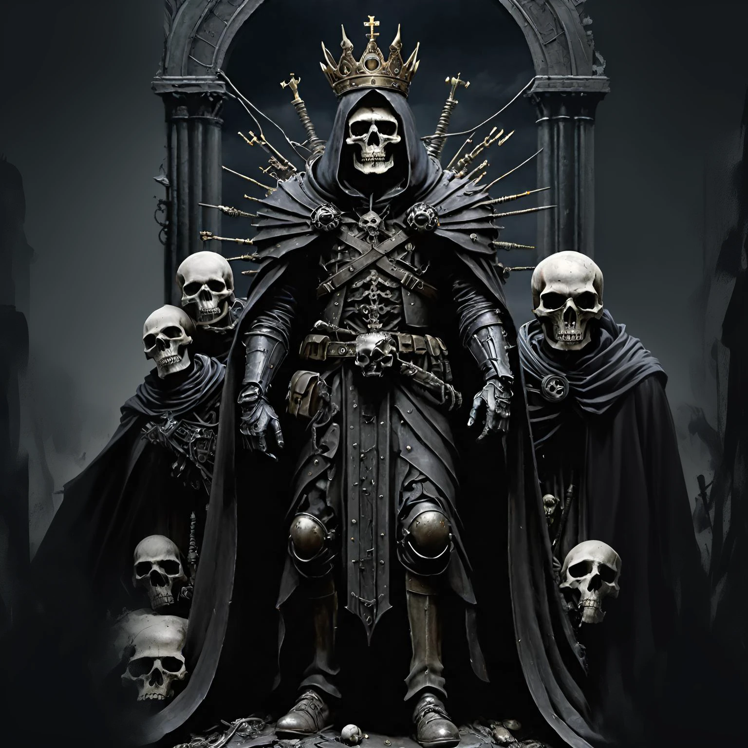 The image depicts a dark, ominous figure wearing a crown-like helmet and a long, tattered cloak. The figure is surrounded by skulls and appears to be in a post-apocalyptic or dystopian setting. Based on the dark and foreboding nature of the image, this appears to be a horror/science fiction character, possibly a villain or dark ruler, death skulls