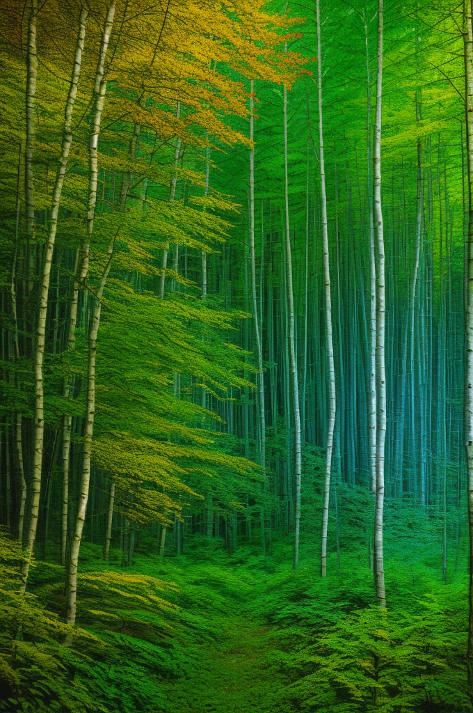 An abstract representation of a forest, focusing on the interplay of light and shadow. The artwork uses bold, sweeping brushstrokes to create a sense of movement and depth. Colors are exaggerated, with deep emerald greens and bright, luminescent yellows blending together to form the foliage. The trees are depicted as elongated, almost skeletal forms, adding a surreal and otherworldly feel to the piece. The forest floor is a chaotic mix of colors and textures, representing the diversity and complexity of nature. The art style is expressive and dynamic, inspired by the works of Jackson Pollock and Vincent van Gogh.
