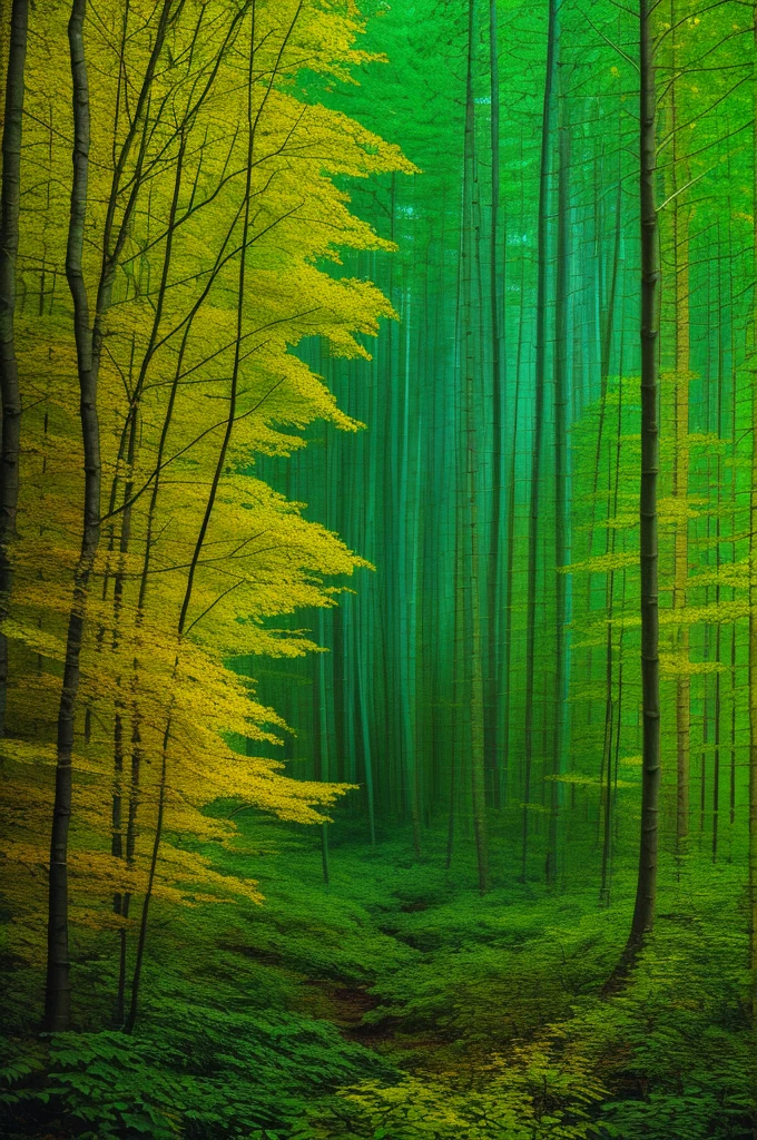 An abstract representation of a forest, focusing on the interplay of light and shadow. The artwork uses bold, sweeping brushstrokes to create a sense of movement and depth. Colors are exaggerated, with deep emerald greens and bright, luminescent yellows blending together to form the foliage. The trees are depicted as elongated, almost skeletal forms, adding a surreal and otherworldly feel to the piece. The forest floor is a chaotic mix of colors and textures, representing the diversity and complexity of nature. The art style is expressive and dynamic, inspired by the works of Jackson Pollock and Vincent van Gogh.
