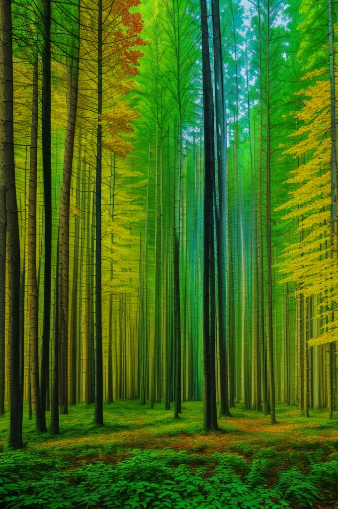An abstract representation of a forest, focusing on the interplay of light and shadow. The artwork uses bold, sweeping brushstrokes to create a sense of movement and depth. Colors are exaggerated, with deep emerald greens and bright, luminescent yellows blending together to form the foliage. The trees are depicted as elongated, almost skeletal forms, adding a surreal and otherworldly feel to the piece. The forest floor is a chaotic mix of colors and textures, representing the diversity and complexity of nature. The art style is expressive and dynamic, inspired by the works of Jackson Pollock and Vincent van Gogh.
