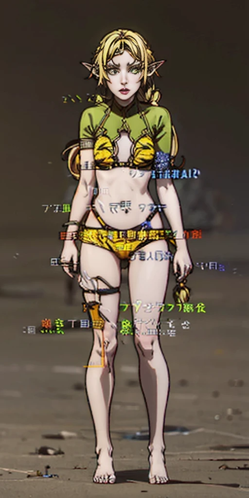 tsundere elf full body toe to head, long hair, blonde hair (green eyes:1.1) pointy ears, elf, multicolored hair, forehead jewel, yellow tiger bikini, standing symmetrical, plain background