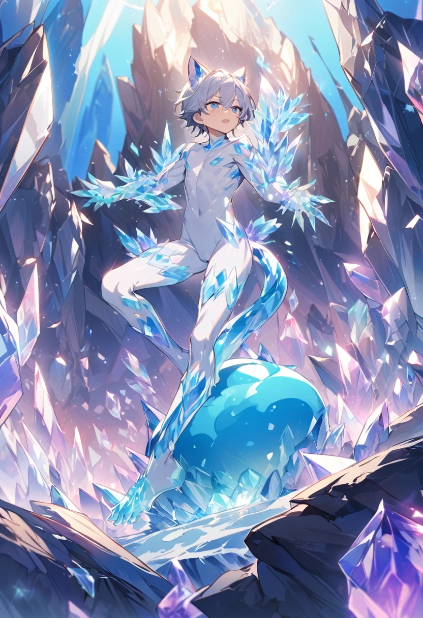 Little male cat，boys，Has a tail，charming的，Thin，struggle，eternal，Crystalline，Blue slime，Feet turned into crystal，Hands turned into crystal，Crystal legs，Crystal feet，Crystal hands，illumination，freeze，脚被freeze，charming，boys们 ，蓝色Crystal feet，穿着Tight Fit衣，plastic，Full body portrait，Smooth，全身Tight Fit衣，Thin，Light blue gel coat，Full body gel coating，outdoor，naked，Small pants，Tight Fit，No clothes，Crystal Calf，crystal thighs，Crystal Torso，Crystal hands臂