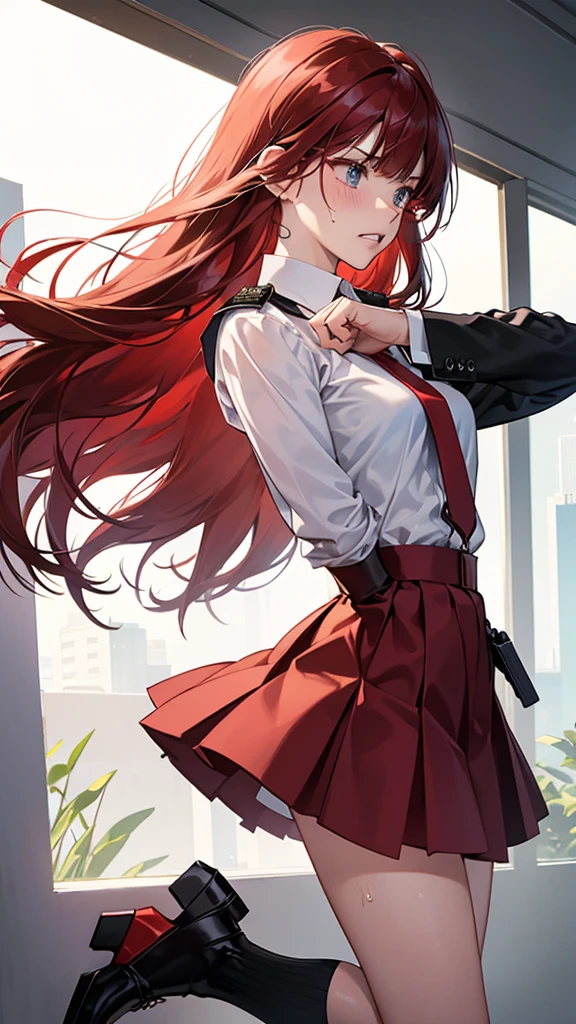 {{masterpiece}}, {{{Highest quality}}},{{Very detailed}}, {{figure}},{{tall}},{{Adult female}},,{{Fighting stance}},｛from side｝,{{Long sleeve mini skirt uniform}},{on one knee{}},}}{}},{fighting stance}},{},{}, ,{{}},{{Eyelet foot}},,{{blushing with anger}},{{}},,{{}},{{}},,Slender body}}{{Avoidance}}{{Female police officer}},,,,suspenders　,Long sleeve mini skirt uniform, White High Socks,Black fingerless gloves, Long Red Hair, Red tie,Straight hair ,Blunt bangs,Thigh holster,.amountn loafer,,blush,Wrinkles ,amount,Grit your teeth,suffering,v-shaped eyebrows.,Sweat dripping,Medium chest ,get annoyed,,Slums,,Twisting,