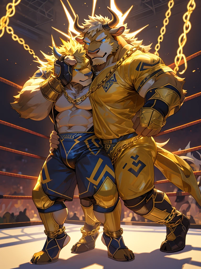 furry,furry art,male,(Golden cow),Golden clothes,(((Wrestling Clothes))),Summon thunderbolts,(((Golden lightning chain on hand))),(City blocks),Cold eyes,一对Golden cow角,Strong body,Blue eyes,(Best picture quality),(Lots of details),(masterpiece)