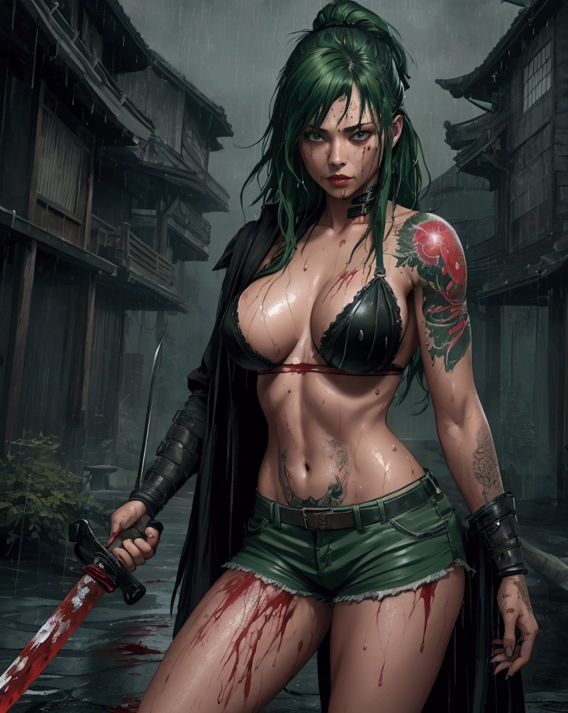 1 woman looking at the viewer (realistic photo), (dark and rainy scene, panoramic scene) (4k resolution), woman holding a sword, woman holding a samurai katana, wearing micro shorts, covered in blood, no bra, big breasts, costume , with tattoos all over his body, messy and wet green hair,