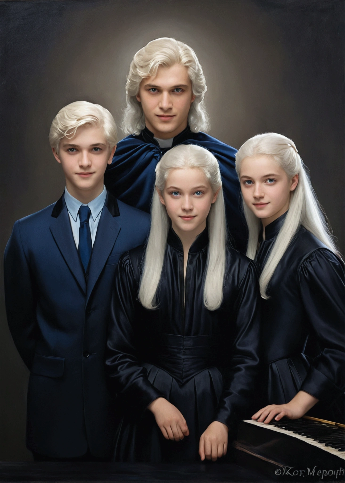 Draco Malfoy (Harry Potter characters, with his little son who is very similar to him (platinum ruby, blue eyes) and his wife, a woman with white hair and a fair complexion all smiling subtly