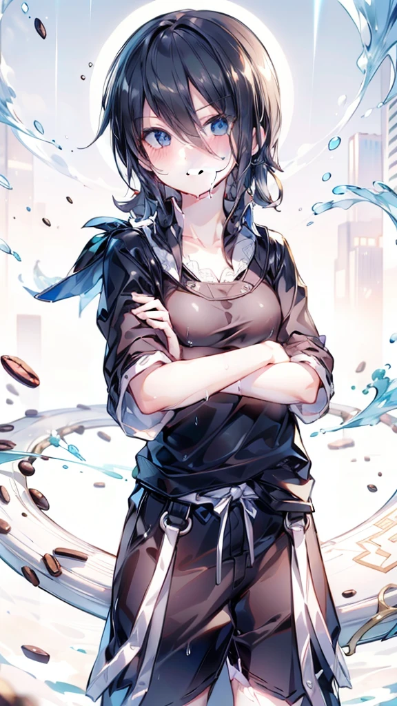(8k, Best Quality, masterpiece: 1.2), (realist, photorealistic: 1.37), Super detailed, 1 girl, Beautiful, alone, beautiful detailed sky, detailed coffee, evening, Session, Date, ( nose blush), (smile: 1.15), (Closed mouth) small breasts, Beautiful details, (collar shirt: 1.1), evening, Wet, business clothing, rain, white lace, (short hair: 1.2), Cabello flotante NovaFrogStyle,