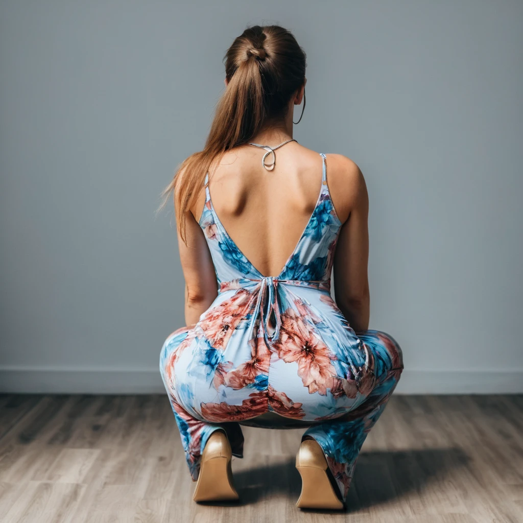 Rear view shot of a young woman squatting on her knees  in a maxi dress, bodycon dress