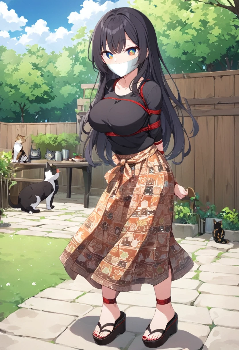 score_9, score_8_up, source_anime, 1girl, solo,The photo shows a young person standing outdoors,  They are smiling and wearing a black t-shirt with a design featuring a cat and text, paired with a patterned brown sarong or long skirt and sandals. The background appears to be a garden or a green outdoor area..(bound wirsts), (arms behind back), (tapegag, tape gag), dramatic,  (looking at viewer), (detailed pupils:1.3), ,red rope, thick rope,normal breast,full body ,long hair,black hair,