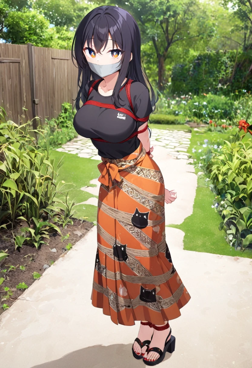 score_9, score_8_up, source_anime, 1girl, solo,The photo shows a young person standing outdoors,  They are smiling and wearing a black t-shirt with a design featuring a cat and text, paired with a patterned brown sarong or long skirt and sandals. The background appears to be a garden or a green outdoor area..(bound wirsts), (arms behind back), (tapegag, tape gag), dramatic,  (looking at viewer), (detailed pupils:1.3), ,red rope, thick rope,normal breast,full body ,long hair,black hair,