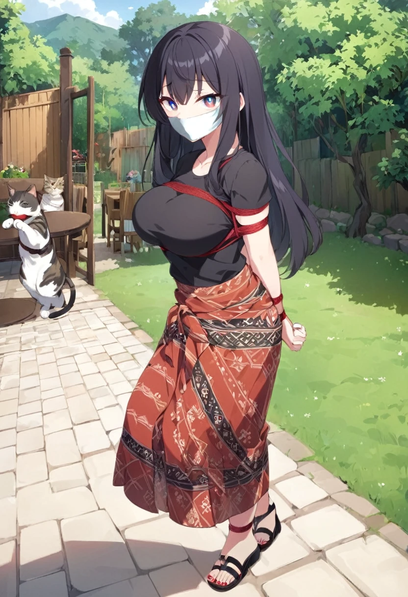 score_9, score_8_up, source_anime, 1girl, solo,The photo shows a young person standing outdoors,  They are smiling and wearing a black t-shirt with a design featuring a cat and text, paired with a patterned brown sarong or long skirt and sandals. The background appears to be a garden or a green outdoor area..(bound wirsts), (arms behind back), (tapegag, tape gag), dramatic,  (looking at viewer), (detailed pupils:1.3), ,red rope, thick rope,normal breast,full body ,long hair,black hair,