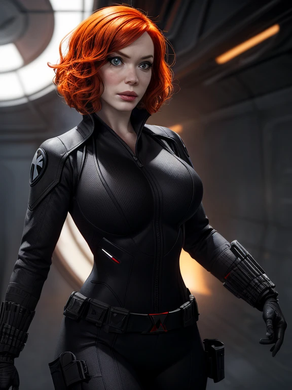 Create a dynamic 4K resolution full body portrait of Christina Hendricks as the character of Black Widow, the fierce Marvel superheroine. Visualize Christina Hendricks as Black Widow with her striking features: her short orange wavy hair. Her bright blue eyes, sharp and focused, should reflect her unwavering determination and strategic mind. She is 48 years old. Include Christina's sculpted cheekbones and slight wrinkles around the face. High-quality facial research of Christina Hendricks. Include Christina Hendricks large breasts. High-quality detailed research of Christina Hendricks voluptuous figure. Dress Christina Hendricks in the iconic Black Widow black tactical suit, with a huge bust the suit, featuring intricate details such as reinforced armor, gun holsters, utility belts, boots and the red hourglass symbol on her belt. The suit is so tight that Christina Hendricks breasts barely fit in it. The suit should appear sleek and functional, emphasizing her agility and combat prowess. Set the scene against the backdrop of a high-tech, futuristic environment, perhaps a S.H.I.E.L.D. headquarters or a cityscape at dusk, with neon lights casting dramatic shadows. Include elements such as holographic displays or glimpses of advanced technology to enhance the modern, action-packed atmosphere. The color palette should be dark and intense, with shades of black and deep reds, contrasted by the cool blues and silvers of the high-tech background, highlighting Black Widow's stealthy and formidable presence. Black Widow's expression should convey a blend of determination, focus, and a hint of vulnerability, capturing her complex character. Her gaze should be piercing and resolute, embodying her role as a master spy and a skilled combatant. This portrait aims to portray Christina Hendricks playing the role as the fictional character of Natasha Romanoff/Black Widow, capturing her iconic features and the high-stakes, action-packed world she inhabits in the Marvel universe