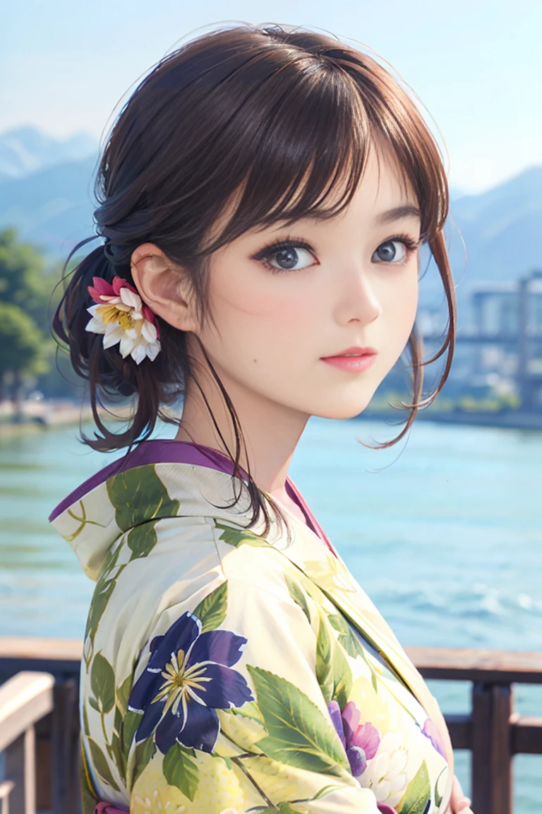 (Highest quality、 8k 、masterpiece、High resolution)、(whole body)、Vibrant colors、Brown-black bob、Traditional round topknot、Ample breasts、(Highly detailed face and eyes、Beautiful Face、Beautiful Eyes、Beautiful nose、Pretty lips)、 (Beautiful woman standing on a riverside observation deck)、A friendly gaze、Oh!!Facial expression that、(Vivid floral patterned kimono)、Official Art、 The background is a wide river、Nearby bridge、Riverside streetscape、Mountains in the distance、Detailed CG、