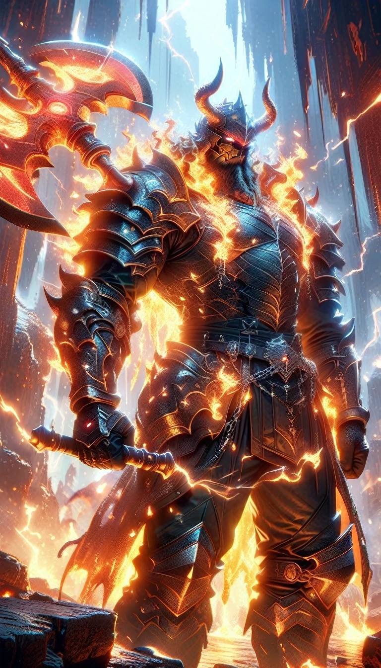((best quality)) , ((masterpiece)) , (detailed),axe, 1boy, male focus, horns, glowing eyes, holding, beard, glowing, solo, weapon, holding axe, facial hair, muscular, fire, holding weapon, chain, looking at viewer, long hair, lightning, muscular male, red hair, horned helmet, armor, helmet, belt, fake horns, molten rock, feet out of frame, standing, battle axe, electricity