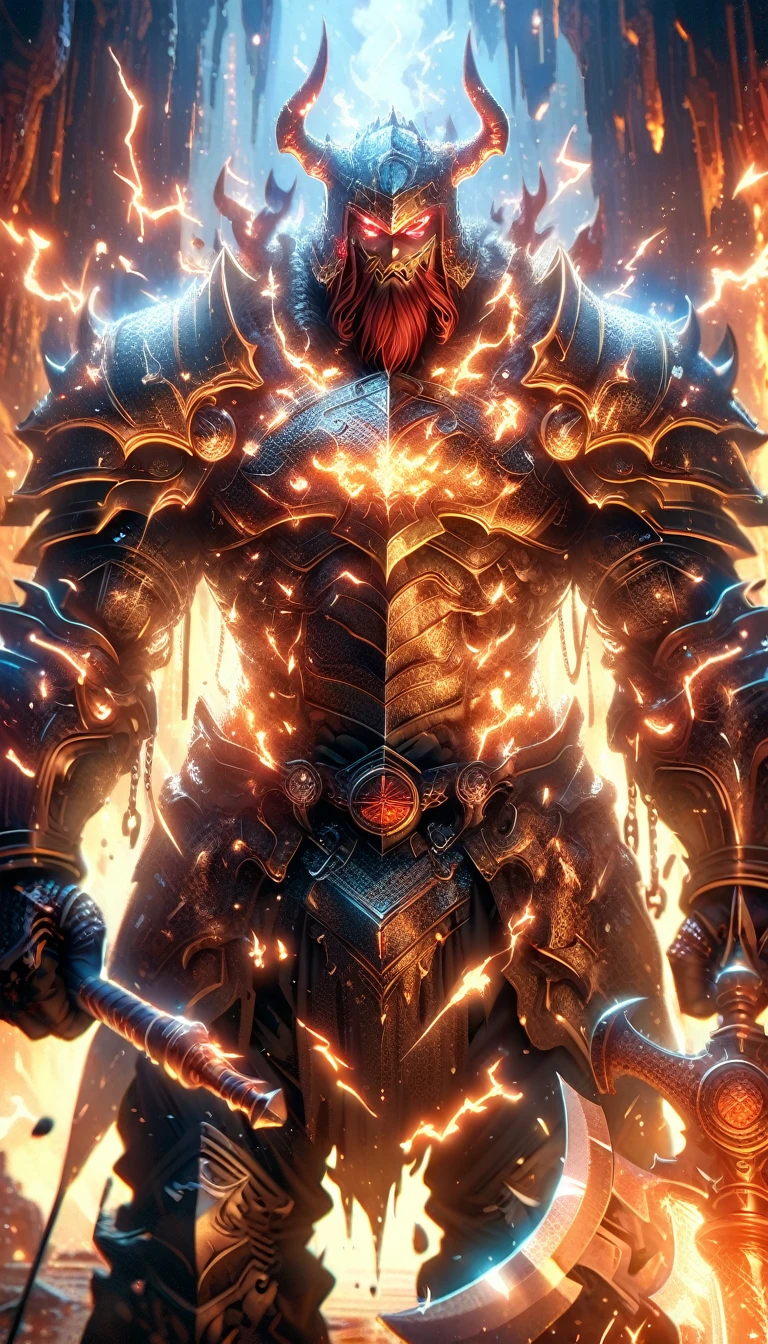 ((best quality)) , ((masterpiece)) , (detailed)，axe, 1boy, male focus, horns, glowing eyes, holding, beard, glowing, solo, weapon, holding axe, facial hair, muscular, fire, holding weapon, chain, looking at viewer, long hair, lightning, muscular male, red hair, horned helmet, armor, helmet, belt, fake horns, molten rock, feet out of frame, standing, battle axe, electricity