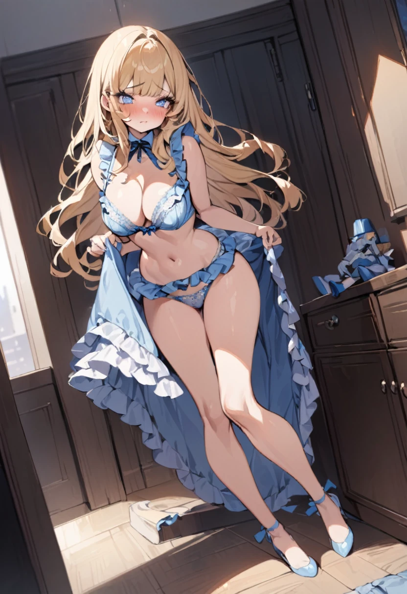 blue eyes,long eyelashes,frilly baby blue panties and bra,medium breasts,wide hips,bishoujo,curls,fringe bangs,fullbody,masterpiece,embarrassed,highres,blonde,long hair,standing,ruffled lingerie,