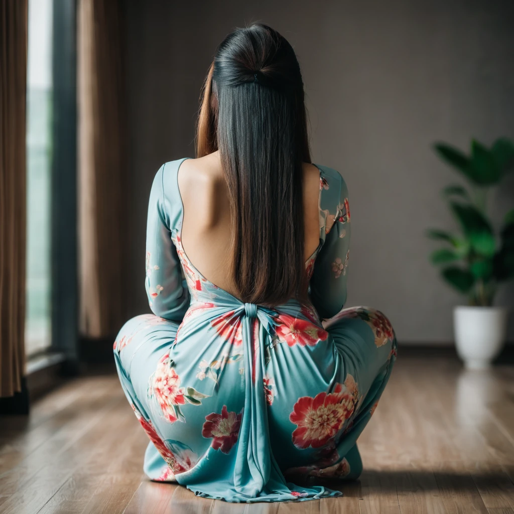Rear view shot of a young asian woman squatting in a maxi dress, bodycon dress, beautiful hair