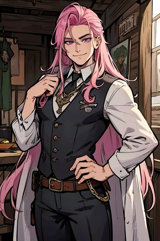 Perfect face. Perfect hands. A handsome pink haired cowboy with violet eyes and long hair in a sheriff's outfit is exploring an outlaws hideout  in the wild west with a big smile