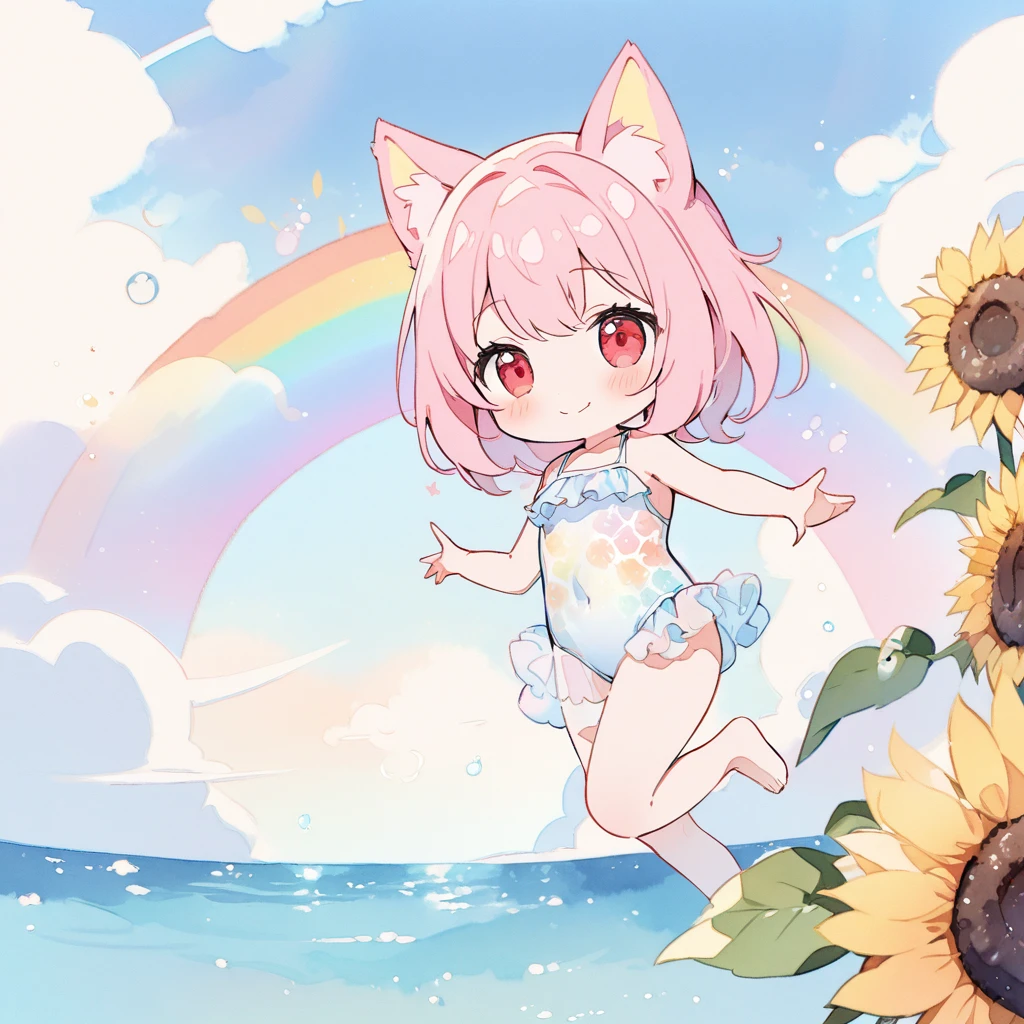 Top quality, masterpiece, high resolution, pastel colors, watercolor style, chibi character, pink hair, animal ear girl, red eyes, sleeping sideways on a large sunflower, smile, transparent ruffled leotard swimsuit with sunflower pattern, beautiful rainbow, blue sky, clouds, sea,Goodbye gesture