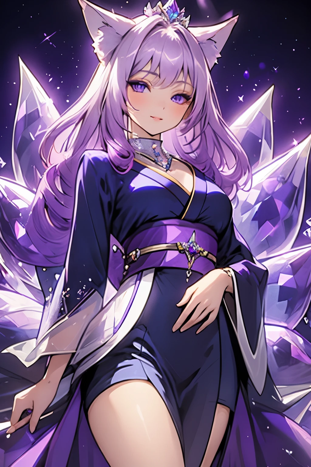 ((best quality)), ((masterpiece)), (detailed), detailed eyes, detailed hands, female humanoid kitsune, standing, wearing a short thigh-length kimono, crystal crown on top of her head, long light purple hair, light purple fox ears, detailed crystal fox tails, delicate and beautiful detailing of nine evenly spaced-out crystal foxtails, crystal fox tails, beautiful face, well-proportioned detailed purple eyes, round detailed purple eyes and makeup, beautiful detailed and clear purple eyes, volume smooth and sharp, long flat bangs, fictional art, best photos, best quality, delicate, mouth closed smile, not fully smiling