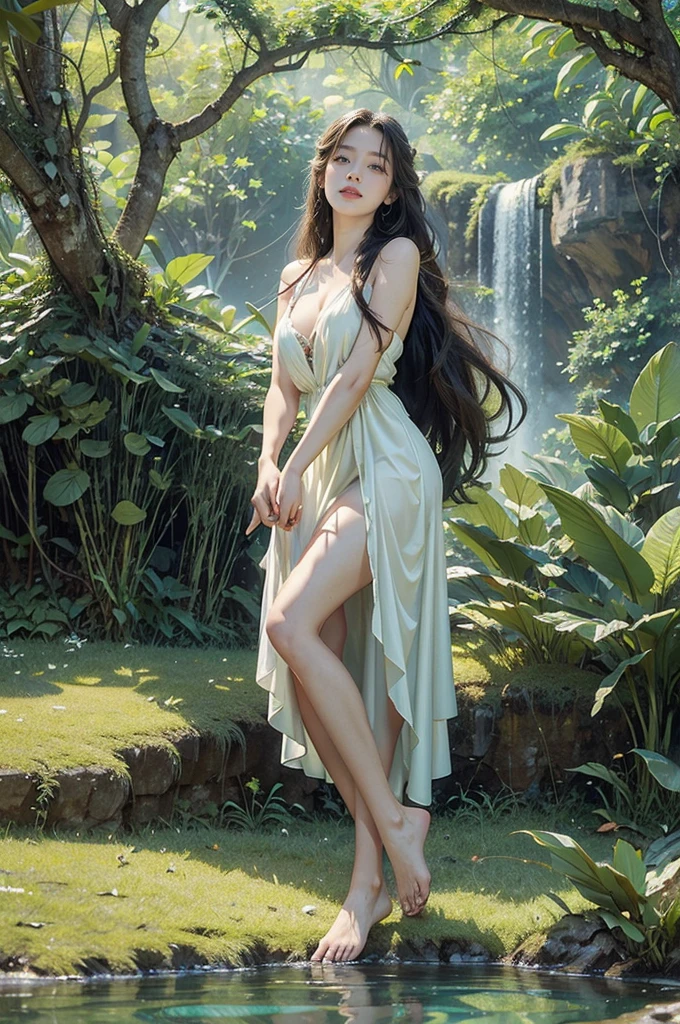 (obra maestra) (La mejor calidad) Una hermosa mujer vestida de blanco con una corona de hojas doradas en la cabeza. She is in a beautiful garden standing in front of the camera with a beautiful smile in a natural pose......... movie quality